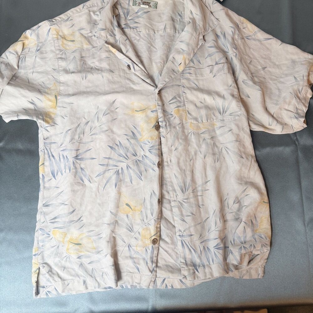 Tommy Bahama Button-Up L Beige Silk Textured Weave Short Sleeves Mens
